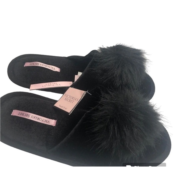 New Victoria’s Secret Pom Pom Slippers Small Soft Plush Black - Picture 2 of 10